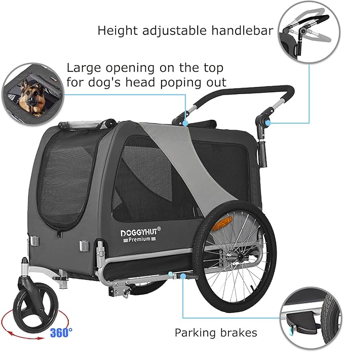 DOGGYHUT® Premium Large/XL Pet Bike Trailer & Stroller for Large Sized Dog or Multiple Small Dogs,Low Center of Gravity,Parking Brakes,Easy Folding Frame,Bicycle Carrier