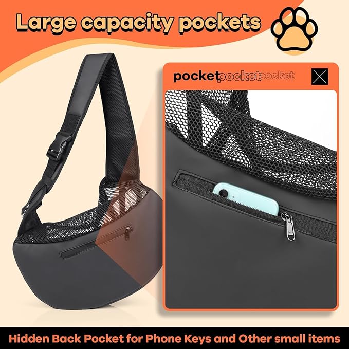 YUDODO Pet Sling Carrier for 5-9 lbs Small Dogs & Cats – Hands-Free Puppy Carrier with Safety Hook, Large Zipper Pocket, Soft Breathable Mesh, Adjustable Strap & Reflective Strip (Gray 3.0 M)