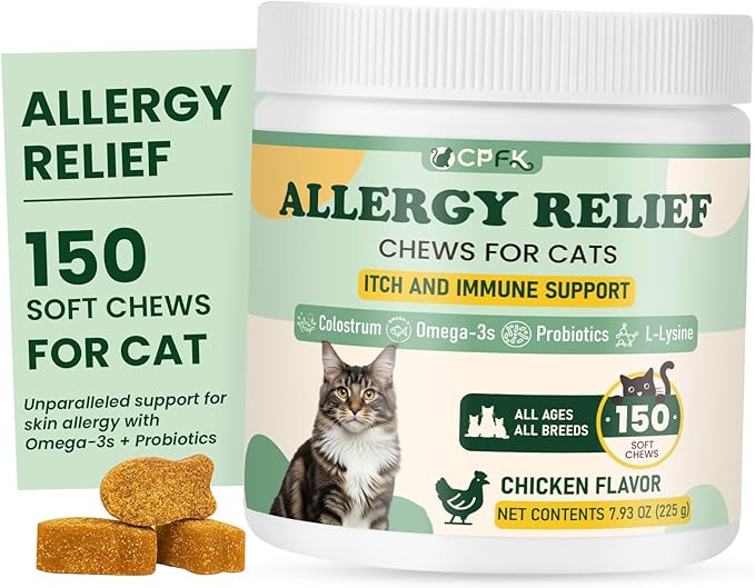 Cat Allergy Relief for Cats, 150 Soft Chews for Cat Itch and Allergy Relief with Omega-3 and Probiotics Coat Health, Immune Boost and Seasonal Allergies Chicken Flavor Chews