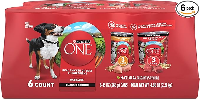 Purina ONE Classic Ground Chicken and Brown Rice, and Beef and Brown Rice Entrees Wet Dog Food Variety Pack - (Pack of 6) 13 oz. Cans