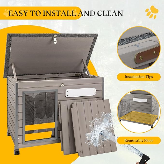 Dog House Outdoor,Chew-Proof Iron Frame Dog Kennel Weatherproof Natural Fir Wood Dog Houses with Removable Floors,Easy Assembly (34" L X 22" W X 25" H)