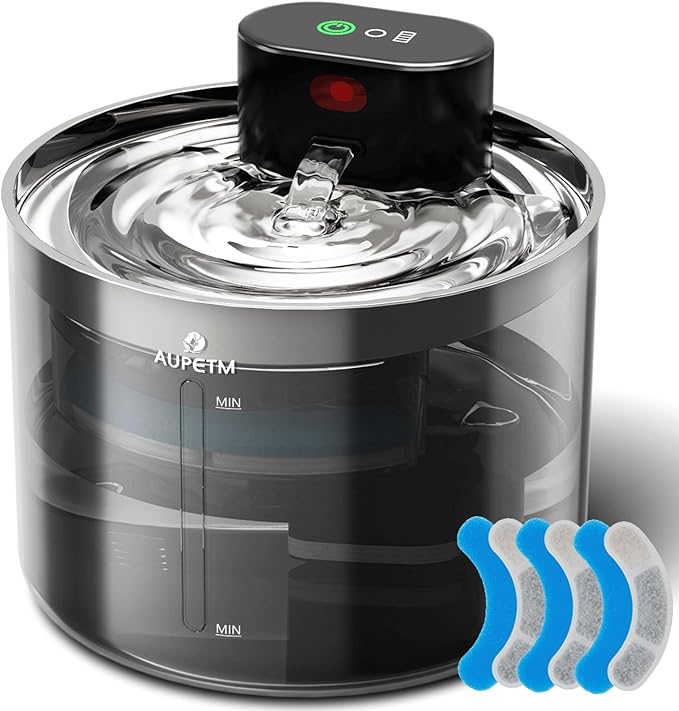 Cat Water Fountain Wireless Pet Fountain with Stainless Steel Tray, 45+ Day Battery, Motion Sensor & Timer, Cat/Dog Water Bowl Dispenser, Ultra Quiet 6-Stage Filtration (Round)