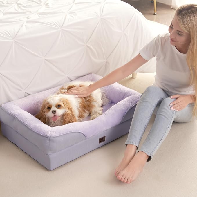 EHEYCIGA Orthopedic Dog Bed for Large Sized Dog, 41x27x7.5 Inch Large Memory Foam Dog Couch Bed with Sides, Waterproof Liner & Washable Removable Cover, Bolster Pet Sofa, Purple