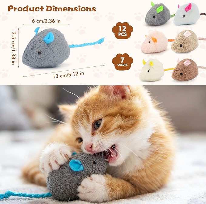 WRW 12PCS 2.36 Inch Cat Mice Toys, Prefilled Catnip Plush Catnip Toys, Realistic Design Interactive Cat Mouse Toys for Indoor Cats Play Fetch（7 Colors） (12)