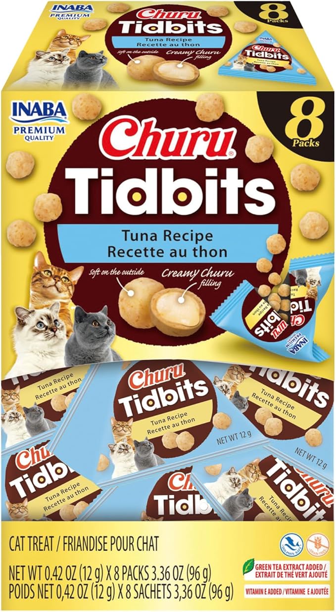 INABA Churu Tidbits for Cats, Soft & Chewy Churu Filled, Baked Chicken Cat Treats with Taurine & Green Tea Extract, 0.42oz per Pack, 8 Packs Total, Tuna Recipe