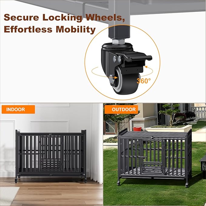Heavy Duty Dog Crate, Reinforced Thickened Steel Frame Indestructible Kennel for Large & High Anxiety Dogs, Escape Proof Design with 3 Doors, 4 Lockable Wheels and 2 Removable Trays (42inch)