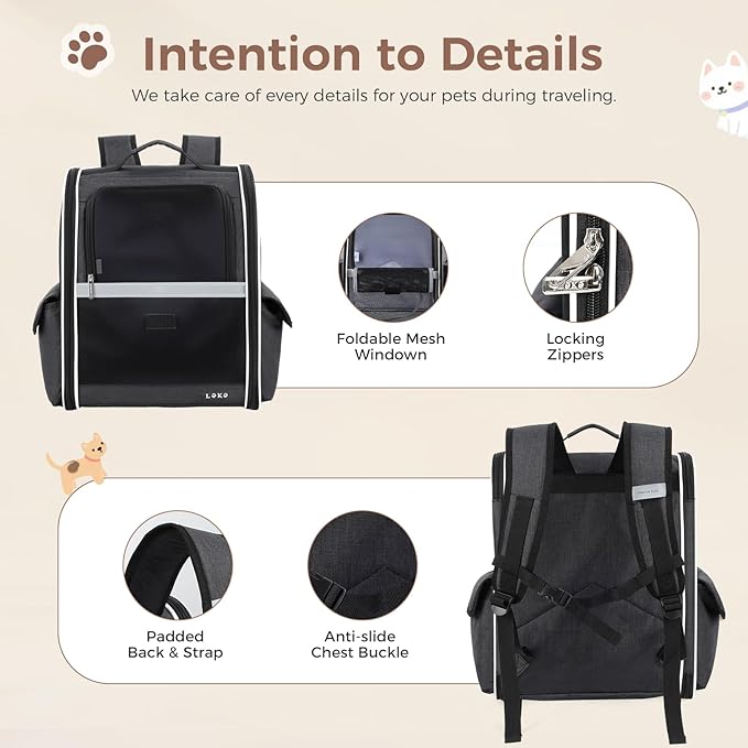 Lekereise Ventilated Dog Backpack Carriers, Cat Carrier Backpacks with Breathable Mesh for Small Cats Dogs Puppies Up to 17 Lbs, Pet Foldable Backpack Great for Travel Hiking Camping Outdoor Black