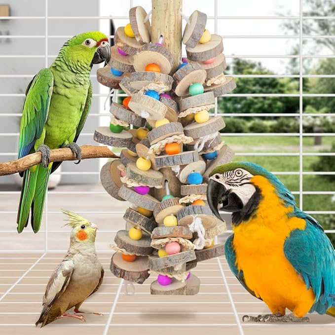Large Bird Toys for Parrots Toys Natural Colored Wooden Bird Cages Chew Accessories for Macaws, Cockatoos, African Grey, and Amazon Parrots