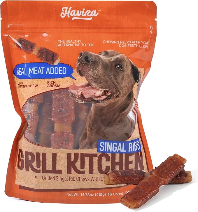 Havira BBQ Dog Treats Single Rib 15 Count, Grill-Shaped Rawhide Free Dog Chews Bone, Easily Digestible, for All Life Stages