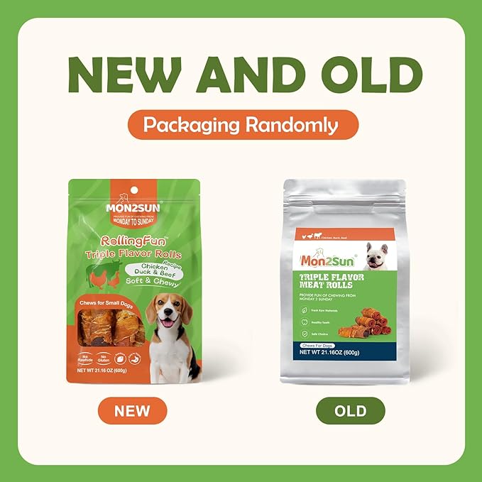 MON2SUN Rawhide Free Dog Treats, 3 Inch Triple Flavor Chicken Wrapped Duck and Beef Rolls for Small Dogs, Healthy Snacks, 21.16oz
