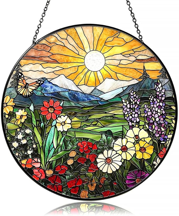 Mountain Wildflowers Stained Glass Suncatcher for Windows - Vibrant Sun Catchers Indoor Hanging Decor, Nature-Inspired Gift for Plant Lovers, Housewarming, New Home, Birthday or Holiday Celebration