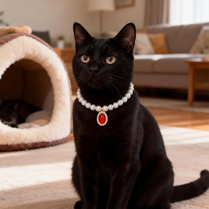 Cat Dog Sparkle Jewelry Pearl Collar Puppy Kitten Rhinestone Pendant Adjustable Charm Necklace for Small Pets Wedding Photography 2 Pack (Green and Ruby Red)