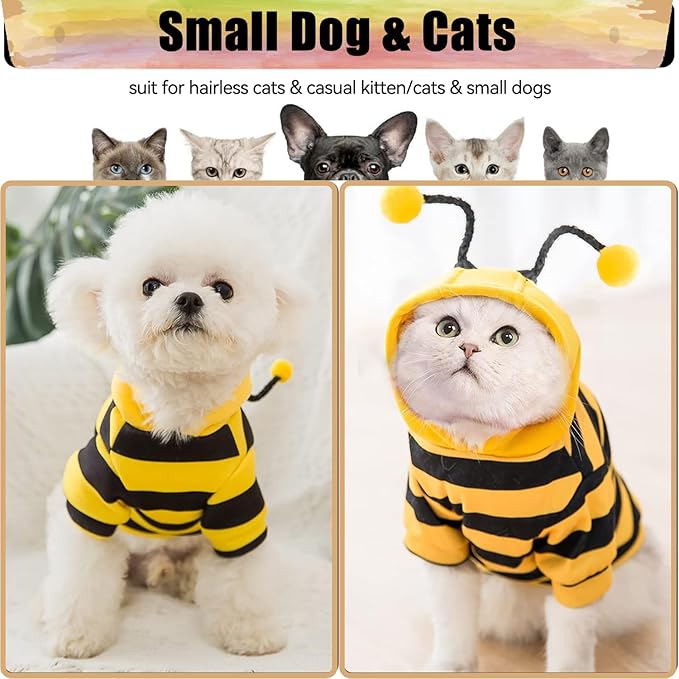 DENTRUN Sphynx Hairless Cats Costume Funny Bee Warm Winter Sweater Cute Pullover Kitten Shirts Breathable Cat Leisure Wear Turtleneck Vest Adorable Cat's Clothes Jacket Pajamas Jumpsuit, XS