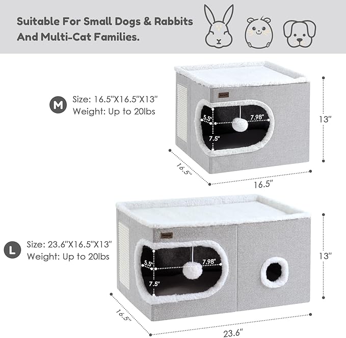 Cat Bed for Indoor Cats Cube House, Covered Cat Cave Beds & Furniture with Scratch Pad and Hideaway Tent, Cute Modern Cat Condo for Multi Small Pet Large Kitten Kitty, Khaki