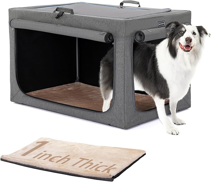 PETSFIT Portable Dog Crate for Medium Large Dogs, – 36" Soft Dog Travel Crates with Lockable Zippers & Thicken Mat, Adjustable Patented Spiral Steel Frame, Collapsible Kennel for Indoor & Outdoor