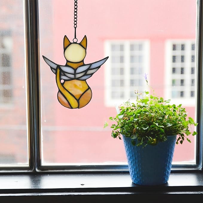 Handcrafted Stained Glass Orange Angel Cat Suncatcher - Pet Memorial Gift with Colorful Wings, Cat Lovers Sympathy Gift, Home Window Decor