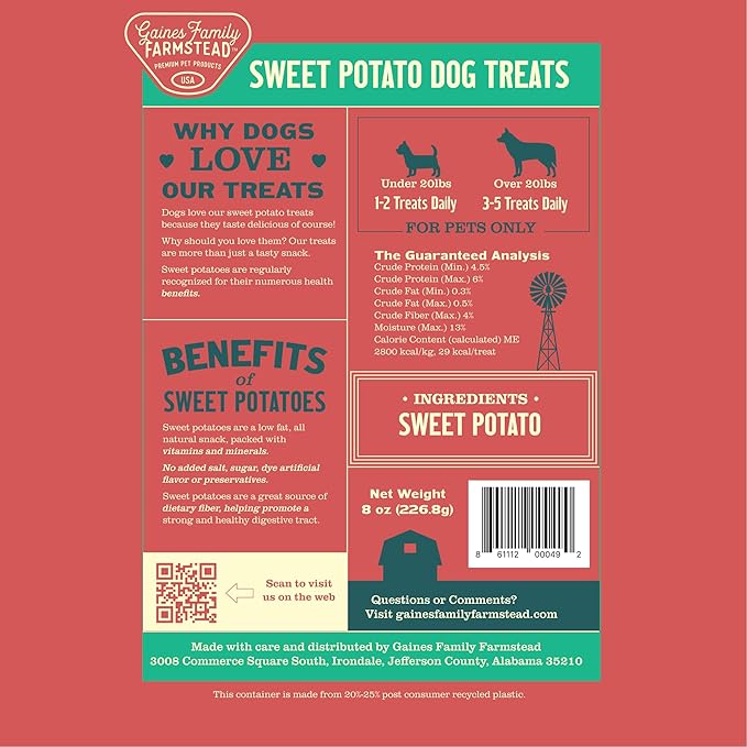 Gaines Family Farmstead Sweet Potato Chips for Dogs - 8 oz Single-Ingredient, All-Natural Dog Treats, Grain-Free & High in Fiber, Crunchy Training Treats, Made in USA
