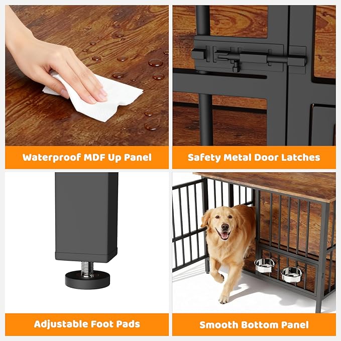 41.5" Dog Crate Furniture, Assembly-Free Dog Crates for Large and Medium Dogs, Foldable Dog Kennel Indoor with Adjustable Dog Bowls, Wooden Dog Cage Use as End Table, Pet House for Decorative Indoor