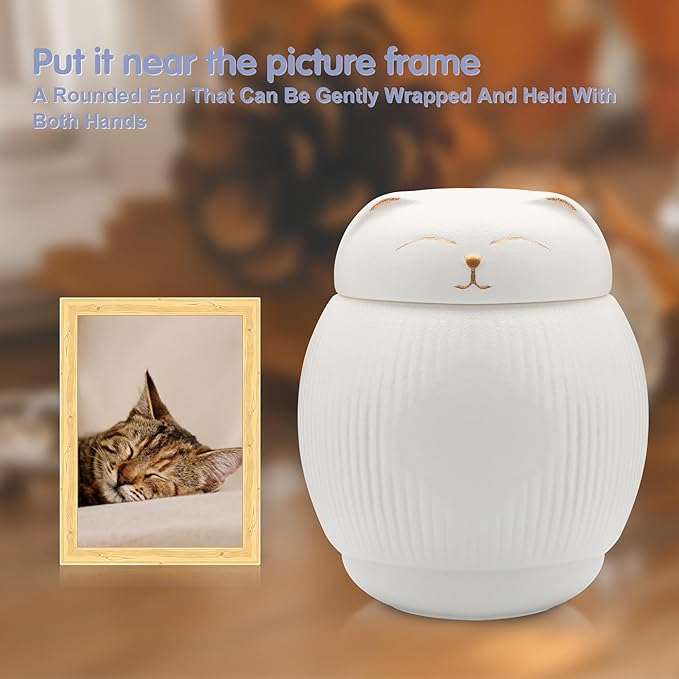 Ceramic Cat Urn for Ashes - Pet Memorial Box with Secure Lid, Cremation Keepsake for Cats (15 lbs)（White）