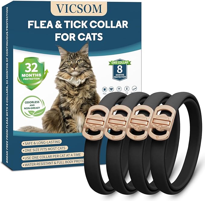 Flea Collar for Cats 4 Pack, 32 Months Flea and Tick Prevention for Cats Collar, Waterproof Cat Flea Collar, Natural Cat Flea and Tick Treatment Collar, Adjustable Flea Collar for Cat Kitten, Black