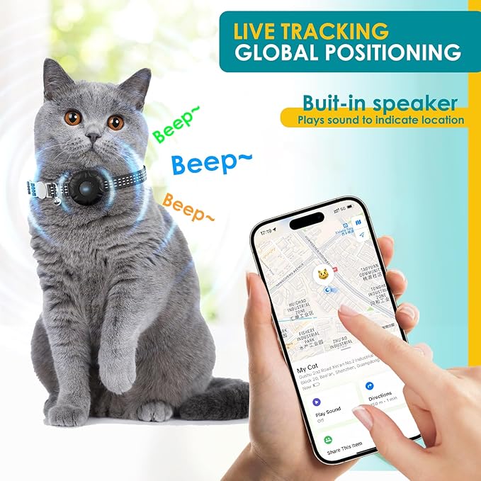 Cat Tracker, Waterproof Pet Tracker for Cats, Cat GPS Tracker Collar with Safety Elastic Buckle, Compatible with Apple Find My App (Only iOS), No Monthly Fee (Black Tracker, Black Cat Collar)