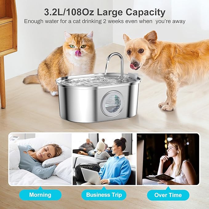 Cat Water Fountain Stainless Steel: 3.2L/108oz Pet Fountain Water Bowl Dog Drinking Dispenser Cat Feeding & Watering Supplies Animal Metal Kitty Spout for