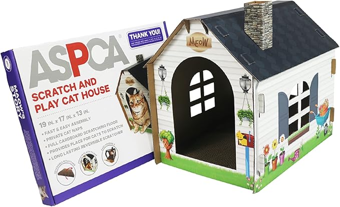 ASPCA Cardboard Cat House Hideaway Playhouse with Cat Scratcher Scratching Pad 19" L x 13" W x 17" H