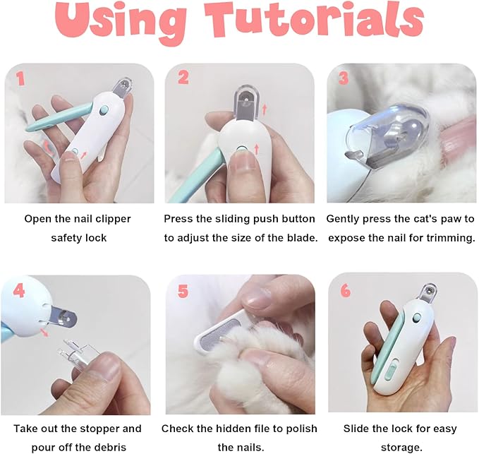 Wanheart Cat Nail Clippers with Debris Catcher & Hidden File, Adjustable Safety Guard Claw Trimmer for Indoor Cats & Kittens, Gentle Pet Grooming Tool (Pink)