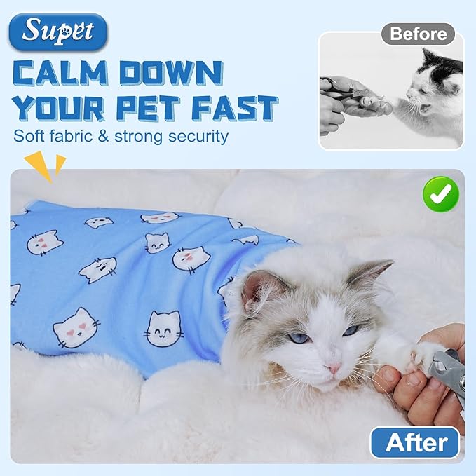 Supet Cat Wrap for Cutting Nails, 2026 Self-Adherent Cat Grooming Wrap, Anti-Escape Calming Cat Swaddle Wrap for Medicine, Nail Clipping, Teeth Brushing, Ear Cleaning