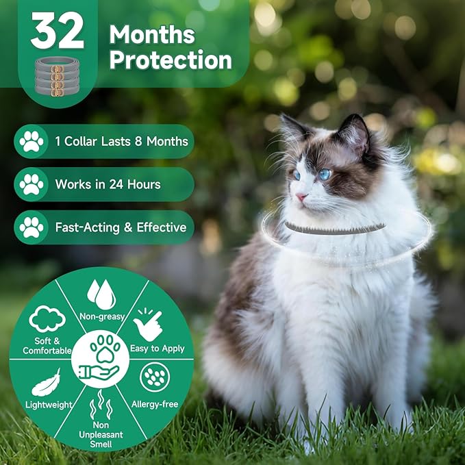 4 Pack Flea Collar for Cats, 32 Months Flea and Tick Prevention for Cats, Cat Flea Treatment, Adjustable Cat Flea Collars, Waterproof Cat Flea and Tick Treatment Collar, Flea Treatment for Cat, Grey