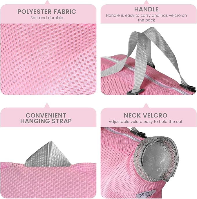 Cinf Cat Bathing Bag(Free Muzzle) Breathable Mesh Anti Scratch Adjustable Cat Grooming Bag for Nail Trimming, Bathing Soft Cat Washing Bag(Pink&Cherry) L