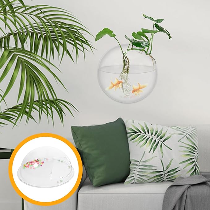 HANABASS Wall Mounted Acrylic Fish Tank Bowl, 23cm Diameter Hanging Aquarium Decor for Living Room, Acrylic Wall Hanging Fish Bowl Suitable for Home and Office Display