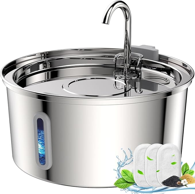 Cat Water Fountain Stainless Steel - 108oz/3.2L Large Capacity Cat Fountain for Drinking, Ultra Quiet Metal Pet Water Fountain for Cats, Small Dogs, Multiple Pets