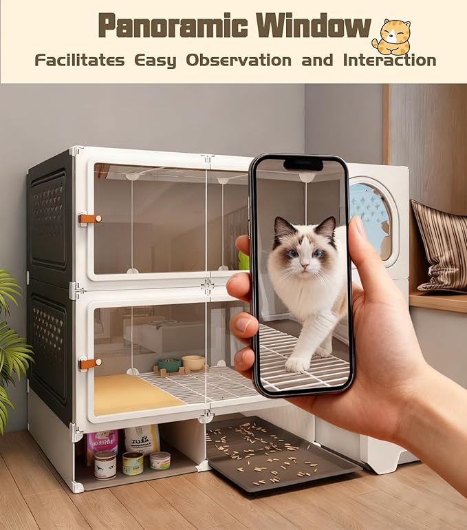 Cat Cage Cat Enclosure with Litter Box & Clear Sliding Door, Expandable Cat Playpen, Detachable Metal, Cat Cage Indoor and Outdoor, Ferret Cage, Rabbit Cage (Two Layers with Storage Space)