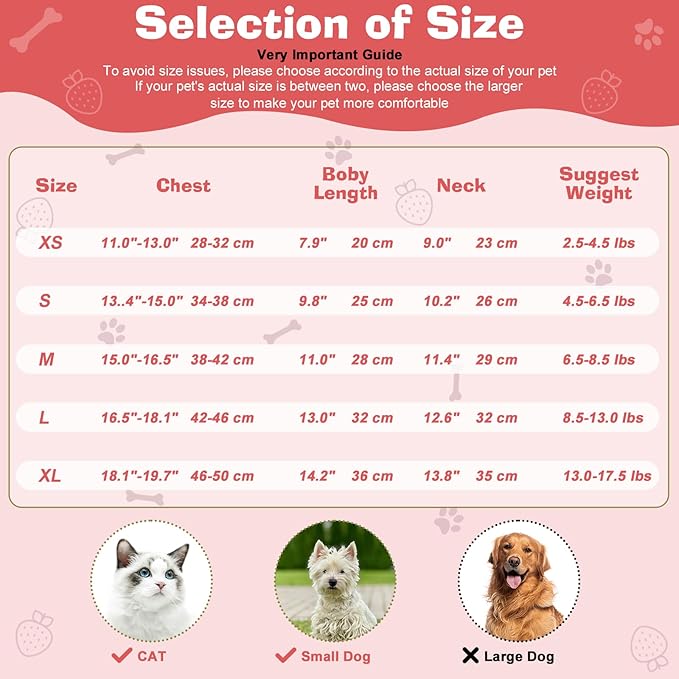 2-Piecs Cotton Detachable Pet Cat Dog Collar with Strawberry Pendant and Bell + 1-Piece Small Dog Cat Dress, Girl's Cat Costume, Cute Bow-Decorated Outfit, Strawberry Print Pet Birthday Set (Small)