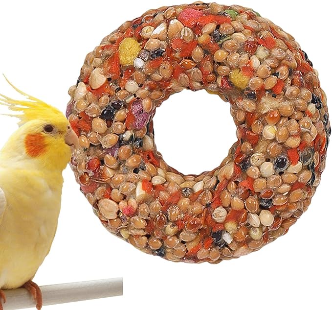 Parakeet Toys - Grain Treats, Donut Shape Teether | Enrichment Activity Training Chewing Snack with Aviary Accessories for Budgies, Cockatiels, Lovebirds and Other Small Birds Healthy Foraging Play