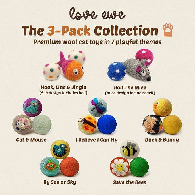 Hustle & Blush Love Ewe Felted Cat Toys 3 Pack - 2 Inch Duck & Bunny Hand Made Cute & Fun Design Kitten Wool Felt Balls for Indoor Play & Exercise - 100% New Zealand Handmade Felted Balls