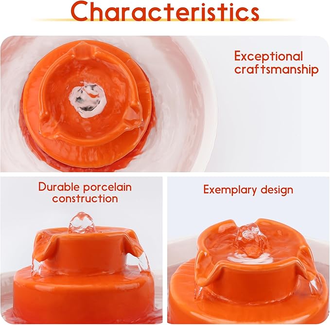 Ceramic Cat Water Fountain, 2.1L/71oz Cat Fountain with 3 Carbon Filters and 2 Water Pumps, Cupcake Pet Water Fountain for Cats and Dogs (Orange)
