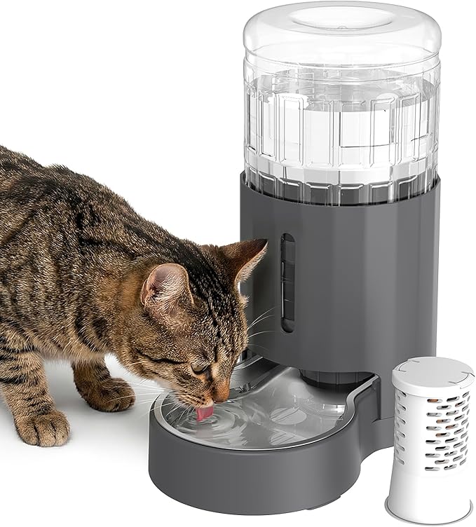 Cat Water Dispenser with Filter and Stainless Steel Bowl, Automatic Gravity Water Dispenser for Cats or Small Medium Size Dogs, Large Capacity, Easy to Clean and Safe for Pets (4L Grey)