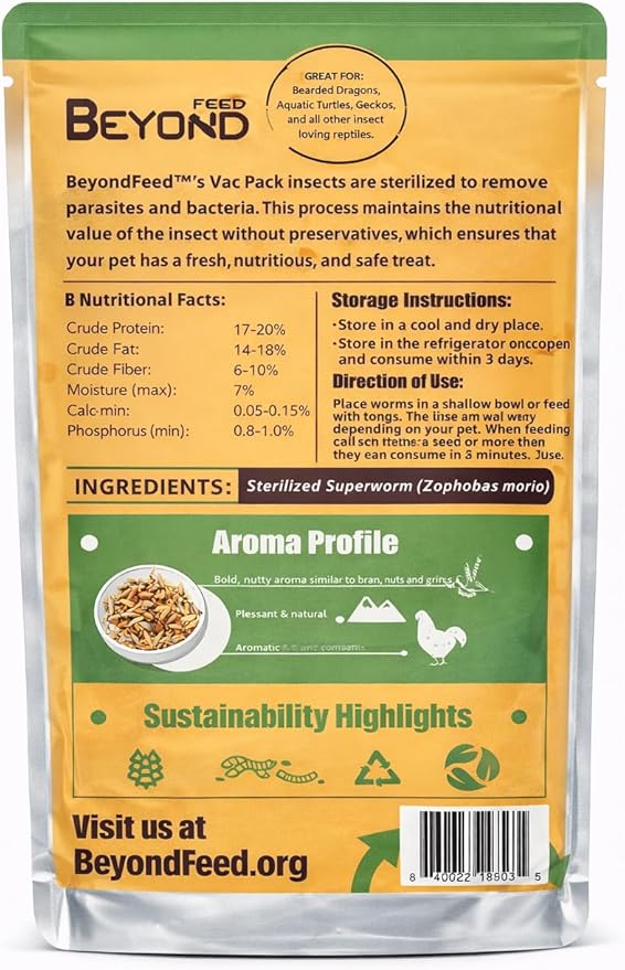 BeyondFeed™ Freshly Preserved Vac-Pack Feeder Insects – Ready-to-Feed Protein Treats for Reptiles, Birds, Fish & Aquatic Turtles (Fresh Superworm)