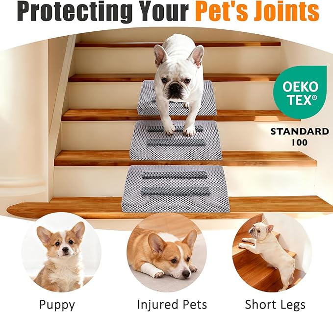 Dog Ramp for Stairs with Anti-Slip Bump for Small & Senior Dogs and Cats – Stair Wedges for Dogs with Gentle Slope, Pet Ramp with Washable Cover & Self-Sticky Pads for Safe Climbing (Gray, 2 Pack)