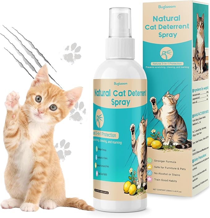 Natural Cat Deterrent Spray Indoor, Cat Repellent Spray for Furniture, Safely Cat Pee Stopper, Anti Furniture Scratching, Stops Urine Marking, Kitten Training Spray for Sofa, Rugs, Chairs, 200ml