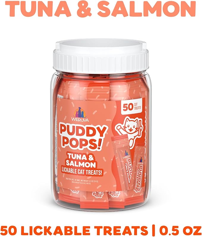 Weruva Puddy Pops, Tuna and Salmon Lickable Cat Treats, 0.5oz Tube, Pack of 50