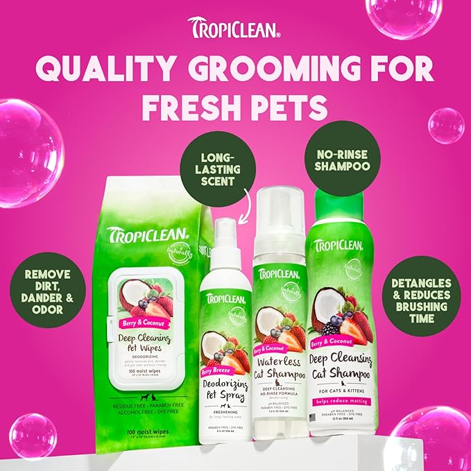 TropiClean Deodorizing Cat Shampoo for Smelly Pets, Long Lasting Odor Control, Kitten Safe, Made in The USA, Berry Scent, 12oz.