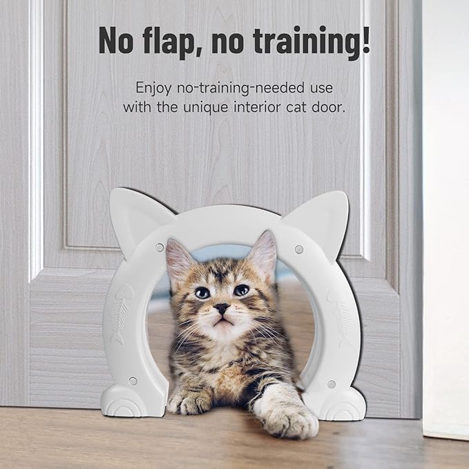 Cat Door Interior Door for Kitties, Pet Door for Hollow Door, Kitty Door, Indoor, Secured Installation in Minutes, No-Flap（White）