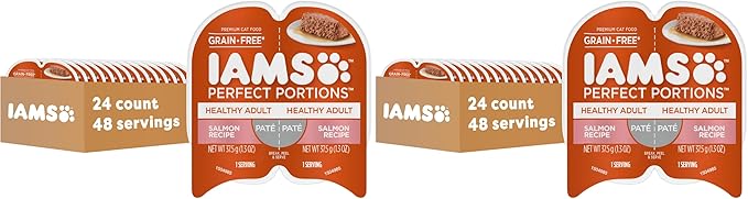 IAMS Perfect Portions Healthy Adult Grain Free Wet Cat Food Pate,Salmon Recipe,2.6 oz. Easy Peel Twin-Pack Trays (,48 Servings),24 Count (Pack of 2)