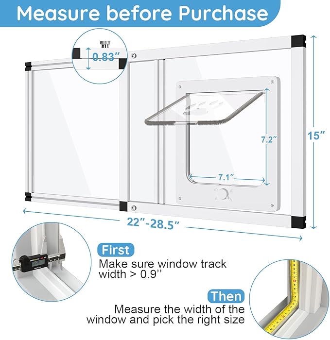 Sliding Cat Door for Window, Fits 22"-28.5" Width Window, 2-Min Install | Aluminum Frame + HD Glass | Weatherproof Design | Magnetic Closure Window Cat Door Insert, Adjustable Pet Door Window for Cats