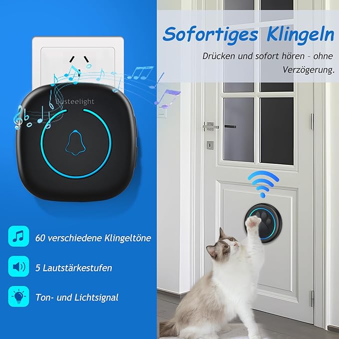Soft Ring Blk Dog Bells to Go Outside - Wireless Dog Door Bell with 1000ft Range, 60 Melodies, LED, Waterproof Potty Training Bell for Dogs - Dog Door Bells for Potty Training(2 Receivers & 1 Bell)