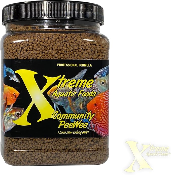 Xtreme Community Peewee 1.5mm Pellets: Slow Sinking & Ideal for Community Fish - Boosts Immune & Digestive Health, Enhances Color & Energy, Max Protein Fish Food – USA Farm Grown (20oz)