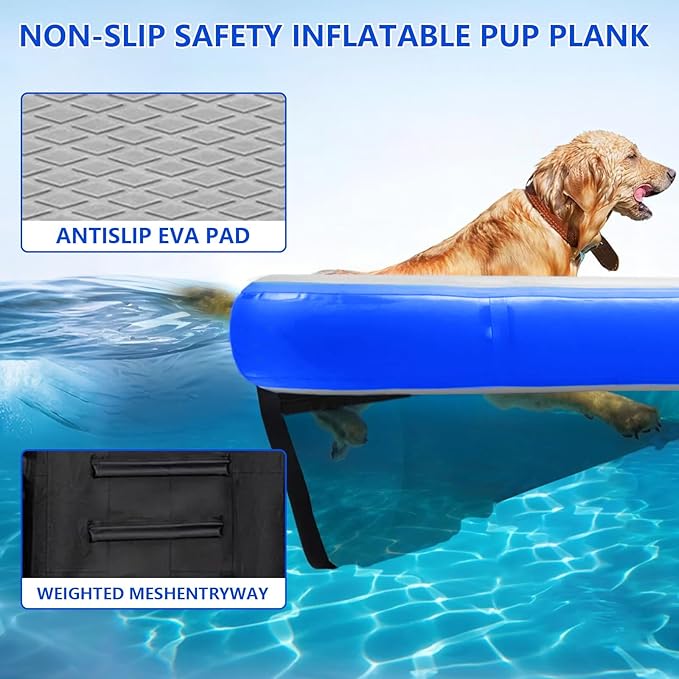 Inflatable Dog Boat Ramp, Non-Slip EVA Dog Float Floating Ramp Ladder for Pools Boats Docks, Safe & Easy Water Access for Large Dogs, Blue